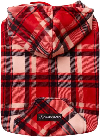 Spark Paws Dog Hoodie – Premium Dog Sweater for Small, Medium, and Large Dogs | Warm Outfits for French Bulldogs, Pitbull, Puppy, Winter Jacket Alternative - Red Plaid, S