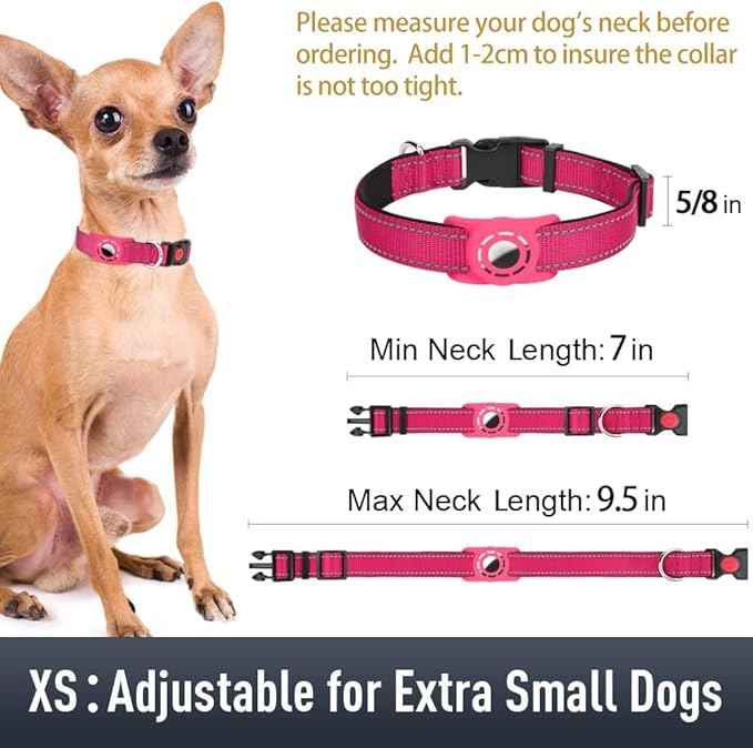AirTag Dog Collar with AirTag Holder Compatible for Air Tag, Reflective Soft Padded, Safety Locking Buckle, Adjustable Nylon for Small Medium Large Dogs (Hotpink,XS)