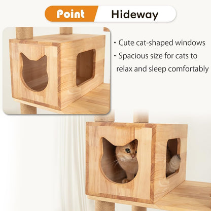 74.8" Wooden Cat Tree Tower for Large Cats, Multi-Level Cat Climbing Furniture with Scratching Posts, Cat Condo & Hammock, Natural Wood Cat Activity Center (Brown)