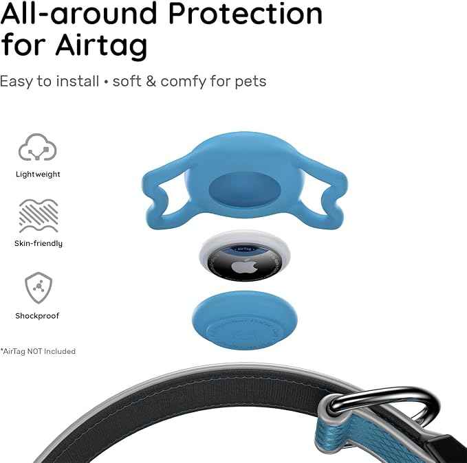 Airtag Dog Collar, IPX8 Waterproof Air Tag Dog Collar Holder | Reflective Ultra-Durable | Soft Padded | Safety Locking Buckle | Fit Miedium Dogs (Blue M(12.6"-19.6"))