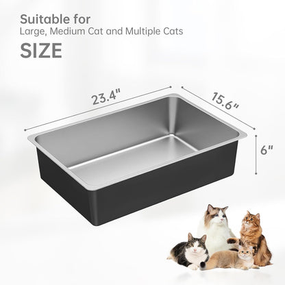 Ohtomber Stainless Steel Litter Box - Large Metal Cat Litter Box Pan High Sided, Never Absorbs Smell, Easy to Clean Non Stick Litterbox Tray Toilet Pet Supplies for Indoor Big and Small Cats, Kitten