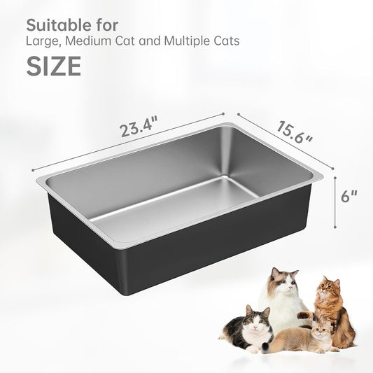 Ohtomber Stainless Steel Litter Box - Large Metal Cat Litter Box Pan High Sided, Never Absorbs Smell, Easy to Clean Non Stick Litterbox Tray Toilet Pet Supplies for Indoor Big and Small Cats, Kitten