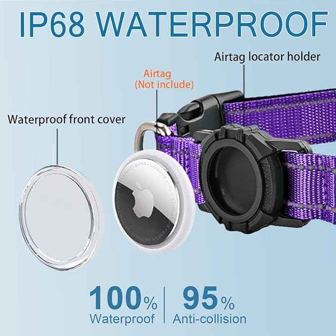 Airtag Dog Collar with Waterproof Air Tag Holder, Integrated Reflective Pet Collar with Soft Padding, Adjustable Nylon Collar for Small Medium Large Dogs, Purple,L (16.1"-23.6")