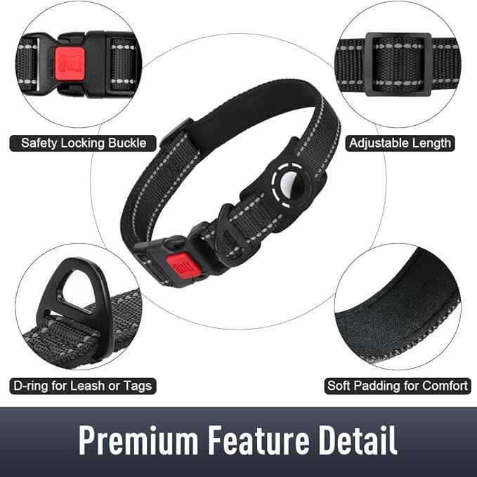 AirTag Dog Collar with AirTag Holder Compatible for Air Tag, Reflective Soft Padded, Safety Locking Buckle, Adjustable Nylon for Small Medium Large Dogs (Black,XL)