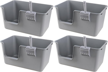 4 Packs Large Cat Litter Box with High Sides, Grey Open Top Cat Litter Basin