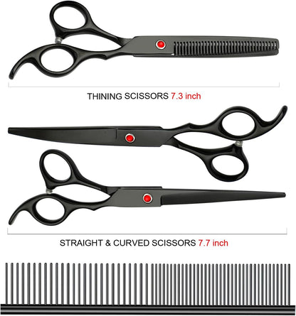 Professional Dog Grooming Scissors Set Stainless Steel Dog Grooming Kit - Thinning, Curved Scissors and Comb for Cat Pet (Black 5 in1)
