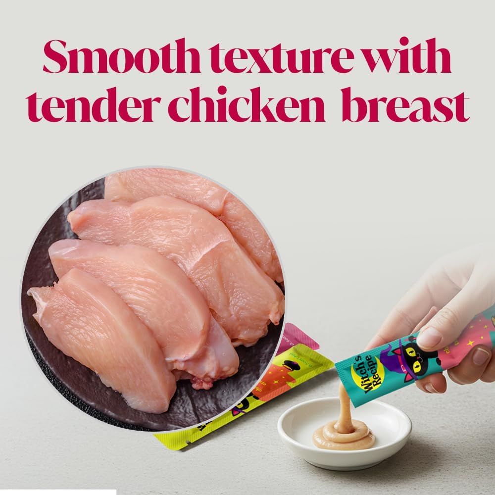 Witch's Recipe Lickable Cat Treats, Creamy Squeezable Puree, Grain-Free, 100 Tubes, Chicken Tuna Salmon goatmilk Capelin Flavors 0.5oz Each Tube