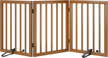 Freestanding Pet Gate Foldable Dog Gate (55 inches Wide) Walnut Bamboo Dog Gates for Stairs Doorways House (2 Support Feet Included)