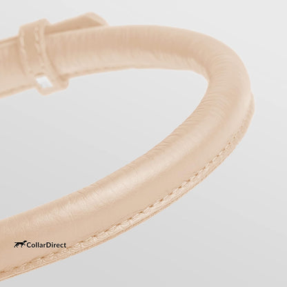 CollarDirect Rolled Leather Dog Collar, Soft Padded Round Puppy Collar, Handmade Genuine Leather Collar Dog Small Large Cat Collars 13 Colors (15-19 Inch, Beige Textured)
