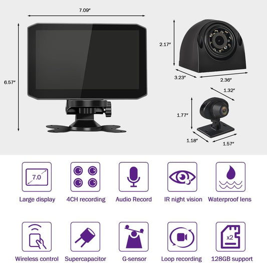 VSYSTO 4CH Truck Dash Camera System DVR Recorder Waterproof Backup Camera Front&Sides&Rear VGA for Truck Tractor Semi Trailer Van 7.0" Monitor Infrared Night Vision