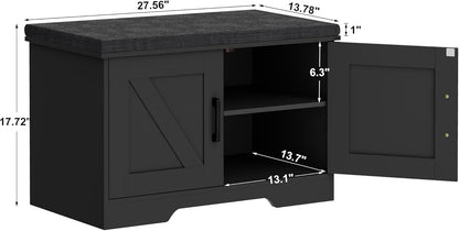 2-Tier Storage Bench, Shoe Bench with Padded Seat Cushion, Entryway Bench with 2 Barn Doors, Adjustable Shelf, 13.8" D x 27.6" W x 17.7" H, for Entryway, Living Room, Bedroom, Black