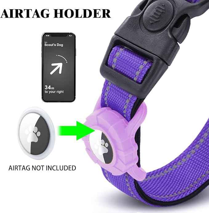 JSXD AirTag Dog Collar, Night Reflective Nylon Dog Collar for Small Medium Large Dogs,Lockable Quick Release Buckle,Padded Breathable Pet Collar with AirTag Holder (Purple, Small(9.4"-12.6"))