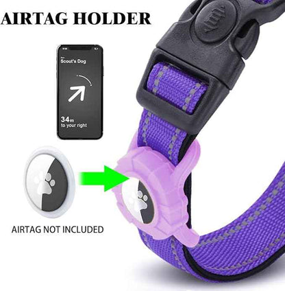 JSXD AirTag Dog Collar, Night Reflective Nylon Dog Collar for Small Medium Large Dogs,Lockable Quick Release Buckle,Padded Breathable Pet Collar with AirTag Holder (Purple, Large(15.7"-25.6"))