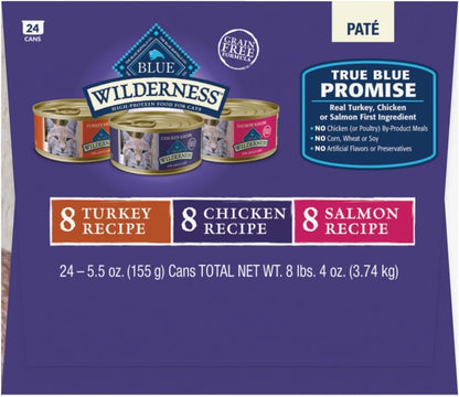 Blue Buffalo Wilderness High Protein, Natural Adult Pate Wet Cat Food Variety Pack, Chicken, Salmon, Turkey 5.5-oz can (24 count - 8 of Each Flavor)
