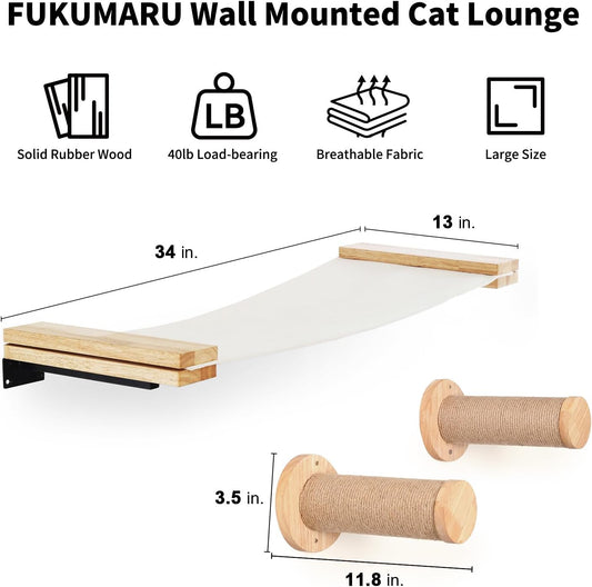 FUKUMARU Cat Wall Furniture, 2 PCS Climbing Shelves Set, Solid Rubber Wood Cat Shelf, Cats Perches for Wall Sleeping, Playing, Jumping and Lounging, 16 inch Drywall Installation