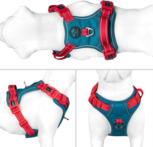 PHOEPET No Pull Dog Harness, Unique Colors Reflective Adjustable Dog Vest, with Soft Training Handle Metal Clips for Small Medium Large Dogs (Teal Base & Red Straps,XS)
