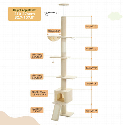 PEQULTI Floor to Ceiling Cat Tree, Tall Cat Tower, Adjustable Height (83''-108'') 5 Levels Climbing Tree for Indoor Cats with Cat Condo, Cozy Hammock and Scratching Post, Beige