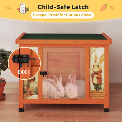 COZIWOW 24in Wooden Cat House Outdoor & Indoor Pet Shelter with Foldable Ramp - Weatherproof Rabbit Hutch with Unique Machine-Printed Art Designs for Cat, Rabbit, Guinea Pig (Orange)