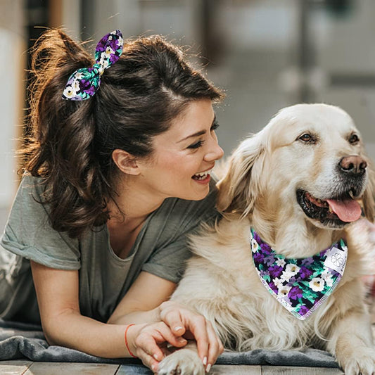 E-Clover Dog Bandanas & Matching Scrunchie Set Dog Bandana Scarf Bibs Washable Kerchief for Medium Large Dogs & Pet Owner Purple Halloween Accessories