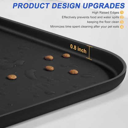 Silicone Pet Feeding Mat with Raised Edge for Food and Water, Dog Bowl Mats, Cat Bowls Placemat with High Lip for Floor Waterproof, Rubber Tray for Cats and Dogs 24 x 16 x0.8 Black