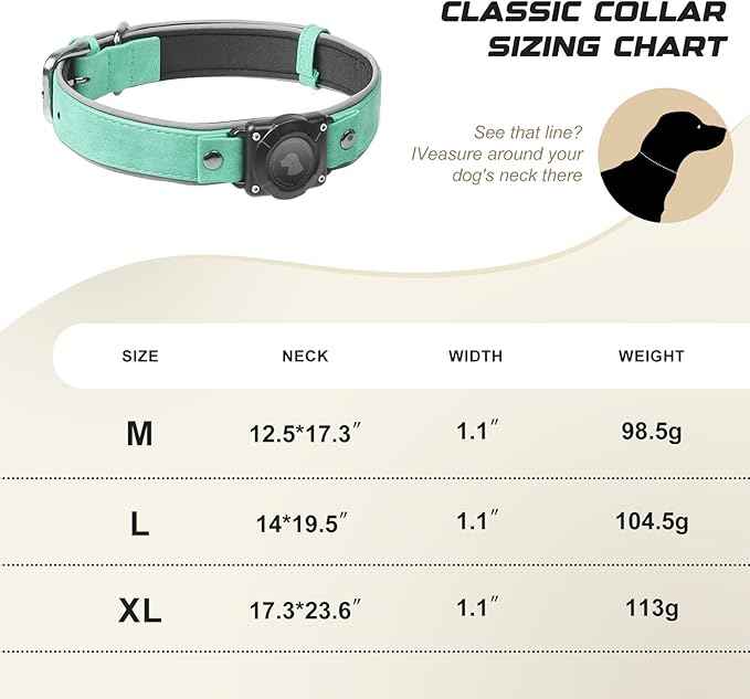 Leather AirTag Dog Collar, Waterproof Dog Collar with Air Tag Holder, Compatible with Apple Air Tag, Reflective, Durable, Comfortable Padded GPS Dogs Collars (Teal, L)