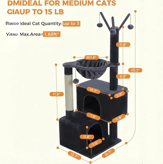 Cat Tree 45" for Indoor Cats, Compact Cat Tower with 2 Condos, Hammock Bed & 5 Hanging Ball Toys, Space-Saving Sturdy Cat Condo Furniture for Kittens & Small-Medium Cats