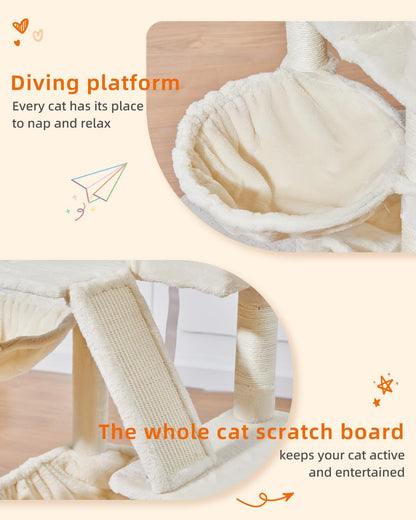 Taoqimiao Cat Tree 57.5-Inch, Cat Tower for Indoor Cats Large Adult, Extra Large Cat Condo, 8 Sisal Scratching Posts, Metal Frame Cozy Hammock, Durable Scratch Board, 2 Top Perches, Beige MS026M