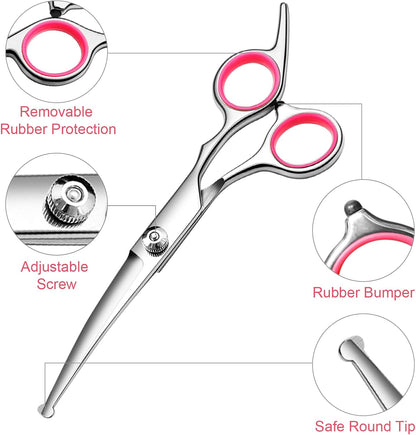 Dog Grooming Scissors with Safety Round Tips Stainless Steel Professional Dog Grooming Kit - Thinning, Curved Scissors and Comb for Cat Pet (Pink 4 in 1)