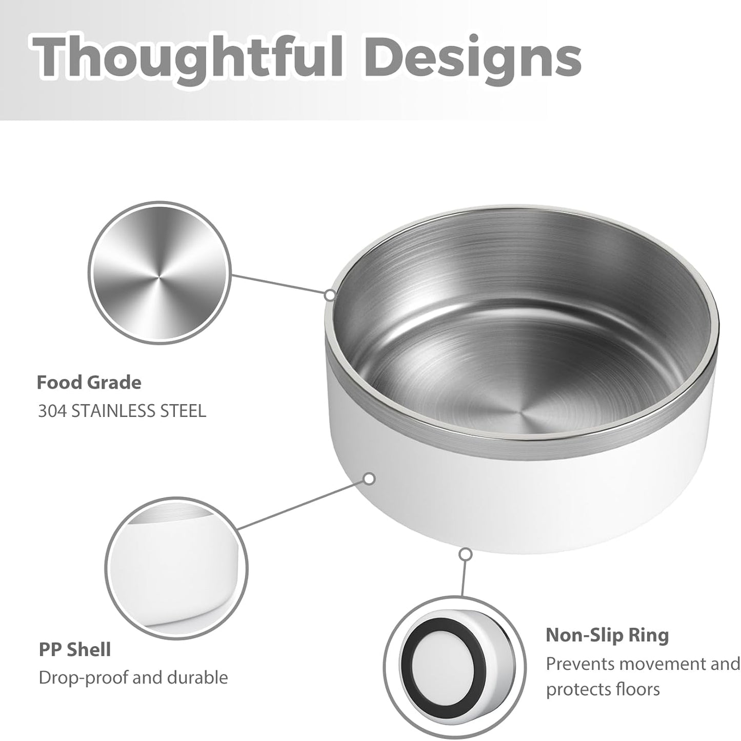 Stainless Steel Dog Bowl, Metal Water and Food Dish for Large Dogs, Insulated Non-Slip Pet Bowl, Easy Clean, 64oz, White