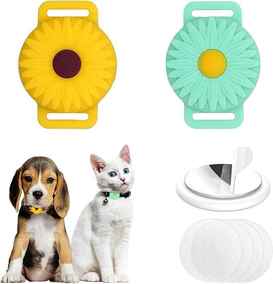 2-Pack AirTag Cat Collar Holder for Apple AirTag 2021, Silicone Air Tag Protective Case for Puppy Dog Collar with Screen Protectors - Sunflowers, Mint Green & Yellow
