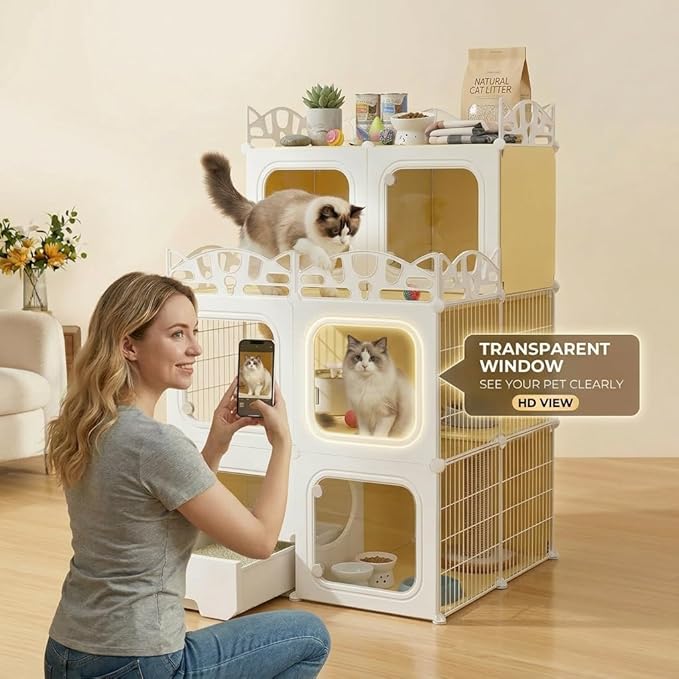 Cat Cage with Built-in Litter Box & Interactive Platform, Top Storage Shelf, Cat Cage Indoor & Outdoor Use, Expandable Cat Playpen