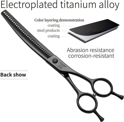 Fenice Peak Professional Dog Grooming Scissors Pet Curved Chunker Shears 7.0'' Extremely Sharp Blades 440C Steel Thinning Scissors Durable Smooth Motion & Fine Cut for Dogs and Cats(Black)