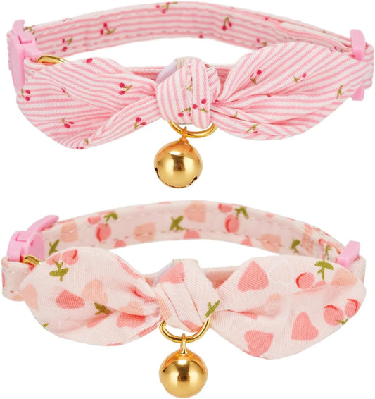 2 Pack Breakaway Cotton Cat Collars with Cute Bunny Ear Bowtie and Bell, Pink Floral Female Kitten Collars