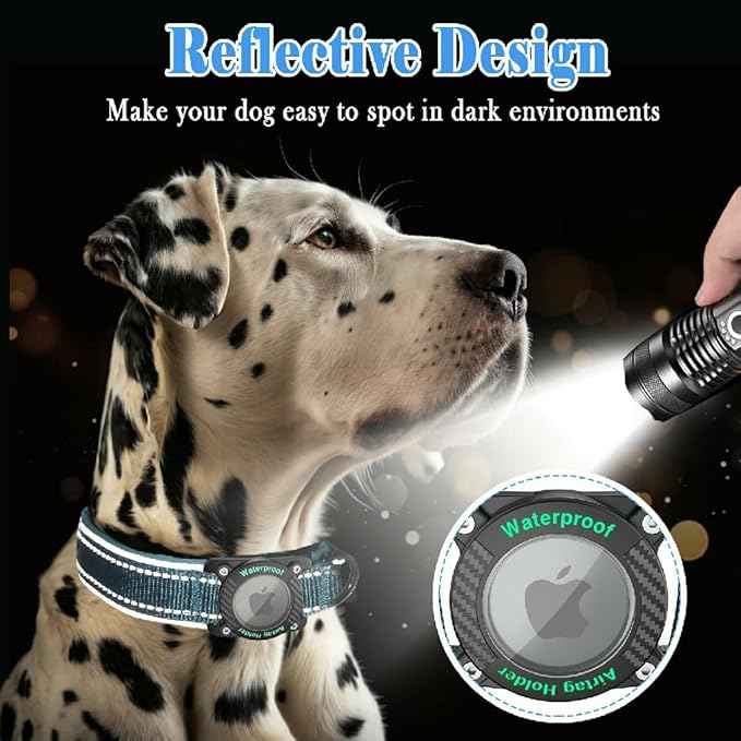 Upgraded AirTag Dog Collar, IP68 Waterproof Dog Collar with Apple Air Tag Holder, Reflective Adjustable Heavy Duty Dog Collars with Soft Padded for Small, Medium and Large Dogs,Blue, S