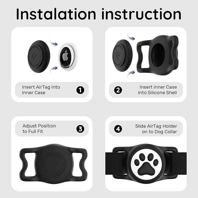 for Airtag Dog Collar Holder, Dog Airtag Holder Waterproof, Lightweight & Soft Silicone Air Tag Case for Pet Collars, Works with Multiple Tracker Tag Products(Black+Rose+Blue+Pink, 4 Pack)