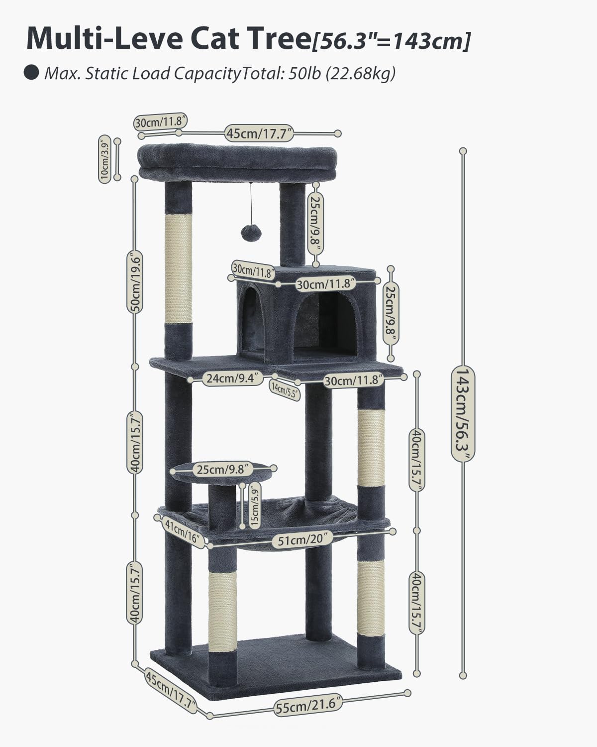 Cat Tree for Large Cats with Metal Plush Big Hammock, 56.3" Cat Tower for Indoor Cats with 2 Door Condo House, 6-Tier Cat Shelves with Scratching Posts and Large Top Perch, Dark Gray