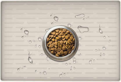 24" x 16" Dog Food Mat, Silicone Pet Mats for Food and Water, Nonslip Pet Feeding Mats for Floors, Dog Cat Bowl Mat with Raised Edges, Beige