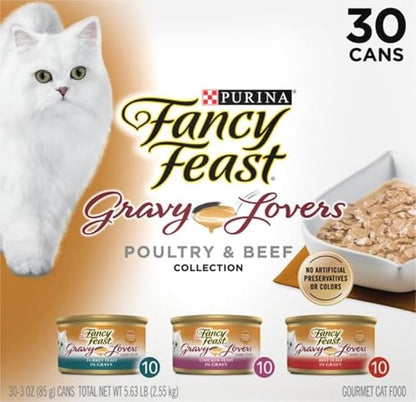 Fancy Feast Purina Gravy Lovers Poultry and Beef Grilled Gourmet Wet Cat Food Variety Pack - 3 oz. Cans,(Pack of 60)