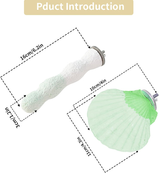 Bird Perches for Cage, Abrasive Surface High Calcium Mineral Parrot Perch Stand - Bird Nail File for Claw & Beak Health, Colorful Ceramic Bird Cage Accessories (Green, Shell)