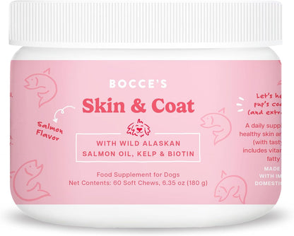 Bocce's Bakery Skin & Coat Supplement for Dogs, Daily Chews Made in The USA with Vitamin E & Essential Fatty Acids, Supports Healthy Skin & Coat, Salmon, 60 ct, Red (DG-SP-SKIN60)
