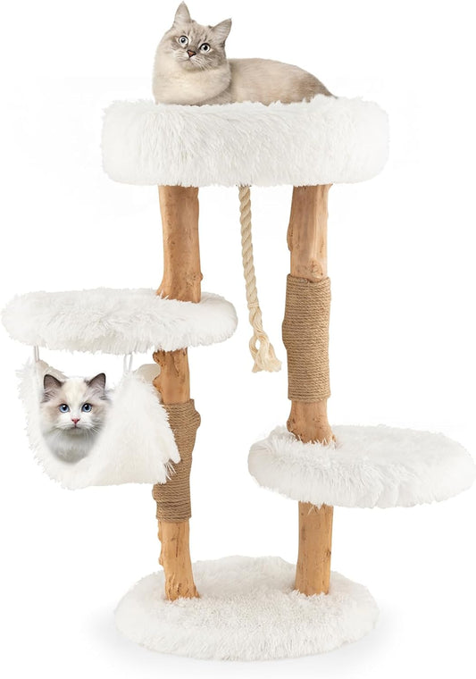 Tangkula Cat Tree Tower, Solid Wood Modern Cat Tower with Cozy Top Perch, 2 Platforms & 1 Hammock, Natural Branch Cute Cat Tree with Scratching Posts & Sisal Rope for Indoor Cats