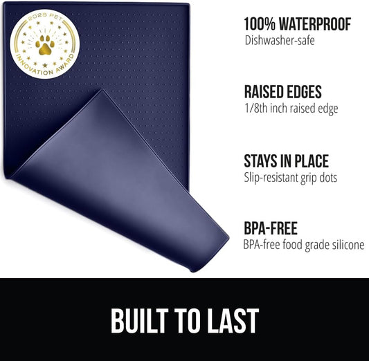 GORILLA GRIP 100% Waterproof Raised Edge BPA Free Silicone Pet Feeding Mat, Dog Cat Food Mats Contain Spills Protects Floors, Placemats for Cats and Dogs Water Bowl, Pets Accessories 18.5x11.5 Navy