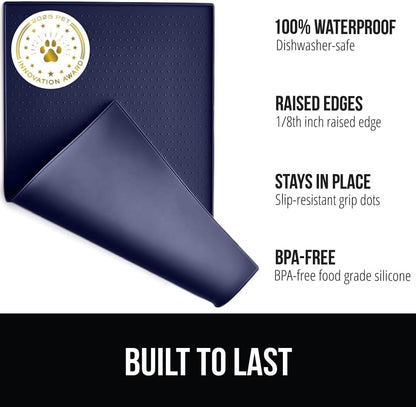 GORILLA GRIP 100% Waterproof Raised Edge BPA Free Silicone Pet Feeding Mat, Dog Cat Food Mats Contain Spills Protects Floors, Placemats for Cats and Dogs Water Bowl, Pets Accessories 18.5x11.5 Navy