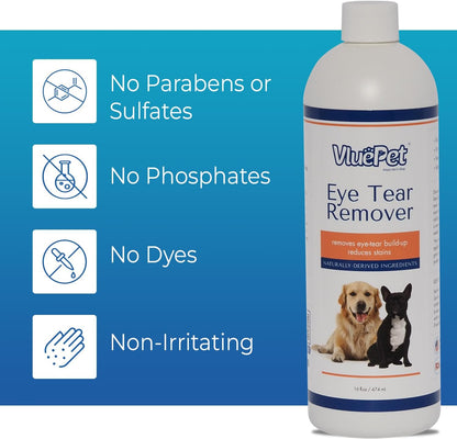 | Eye Tear Remover - Eye Wash Drops & Tear Stain Remover for Cat and Dog - Gentle, Safe & Non-Irritating Formula for All Breeds - Vet Formulated, Prevents Infections - All Natural – 16 floz