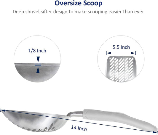 WePet Cat Litter Scoop, Aluminum Alloy Sifter, Kitty Metal Scooper, Deep Shovel with Diagonal Sifting Hole, Long Handle, Kitten Poop Lifter for Litter Box, Large Size, Grey Handle