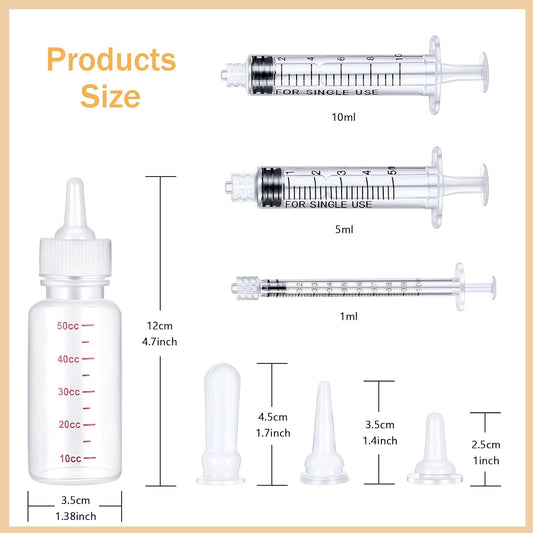 17 Pieces Pet Nursing Bottle Kit Including 2 Pet Feeding Bottle, 8 Replacement Feeding Nipples, 5 Dog Nursing Syringes in 1 Ml, 5 ml and 10 Ml, 2 Cleaning Brushes for Kittens, Puppies, Rabbits