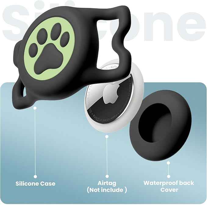 Waterproof Dog Collar AirTag Holder,Stretchy Silicone Full Body Covered AirTag Holder for Dog Cat Collars (Black-Luminous)