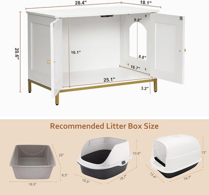 Homhedy Cat Litter Box Enclosure, Cat Washroom Furniture with Metal Frame, Pet House, Fit Most of Litter Box, Modern Style, White and Gold