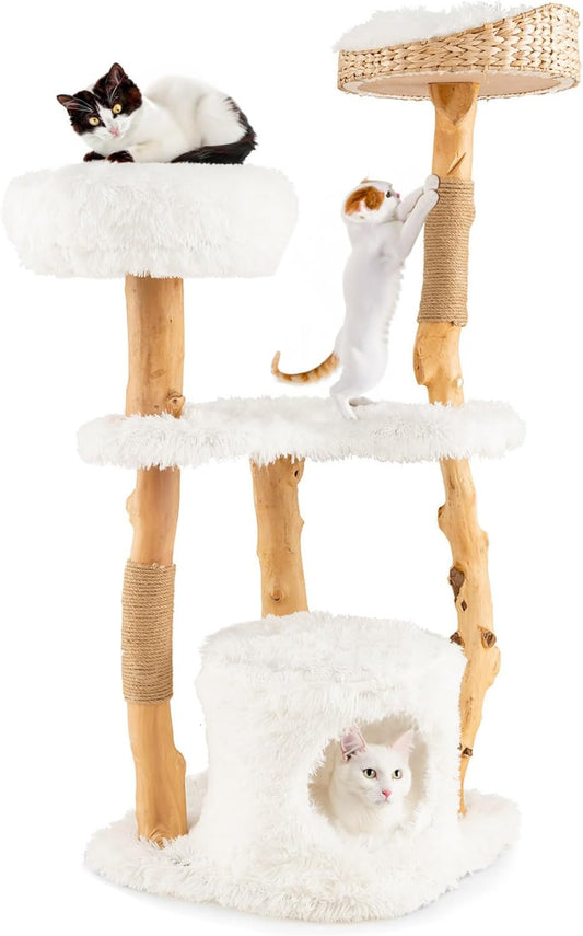 Tangkula Cat Tree Tower, Solid Wood Modern Cat Tower with Top Cattail Basket Bed, Side Perch, Large Platform & Condo, Cute Cat Tree with Scratching Posts for Indoor Cats Large Adult