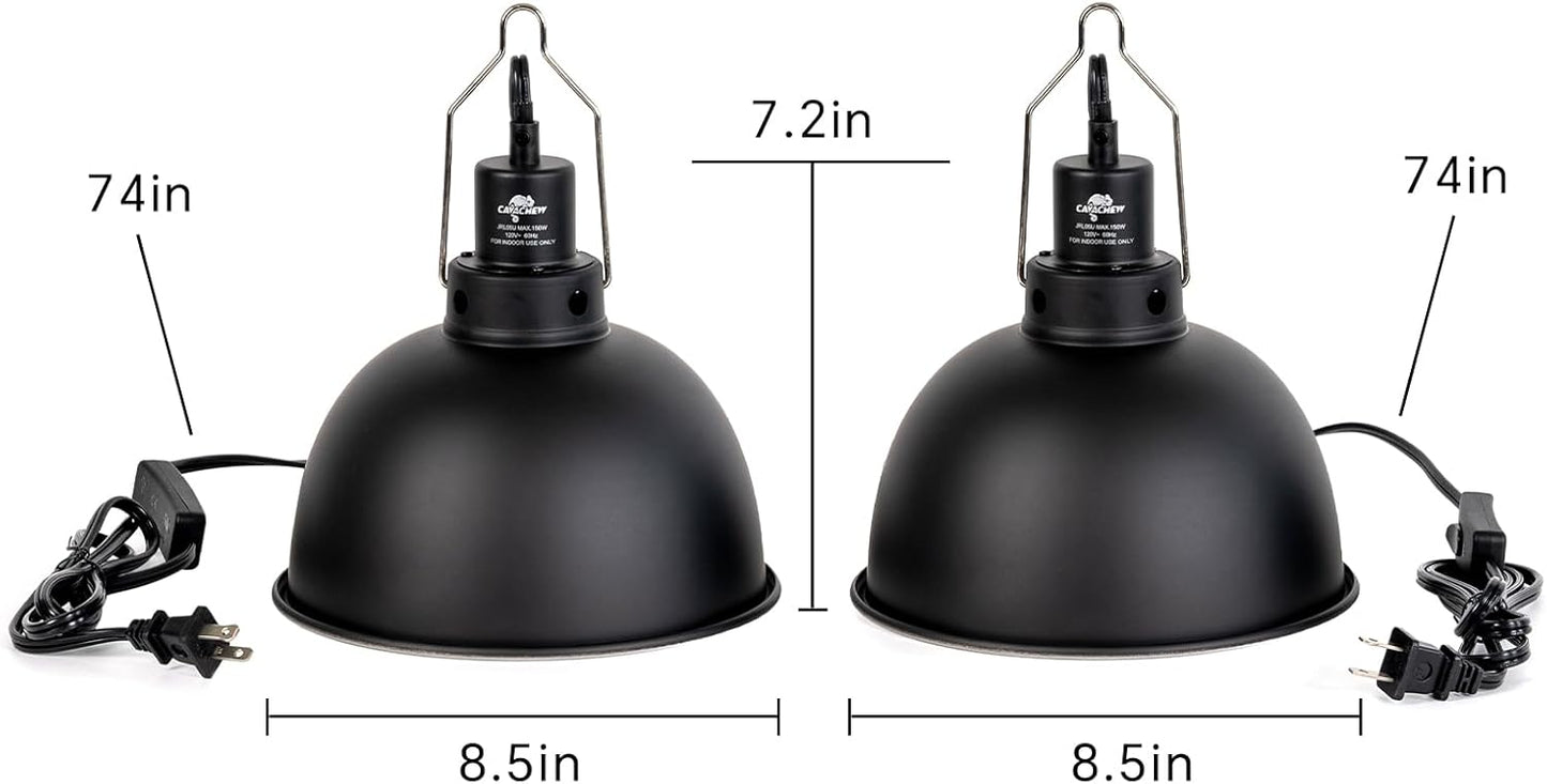 2 Pack Reptile Light Fixture, 8.5in Deep Dome Reptile Lamp Fixture, Optical Reflection Cover, Separate Switch & Hook, Terrarium Light Fixture for Reptile Heat Basking UVB Bulbs, 150W, Black